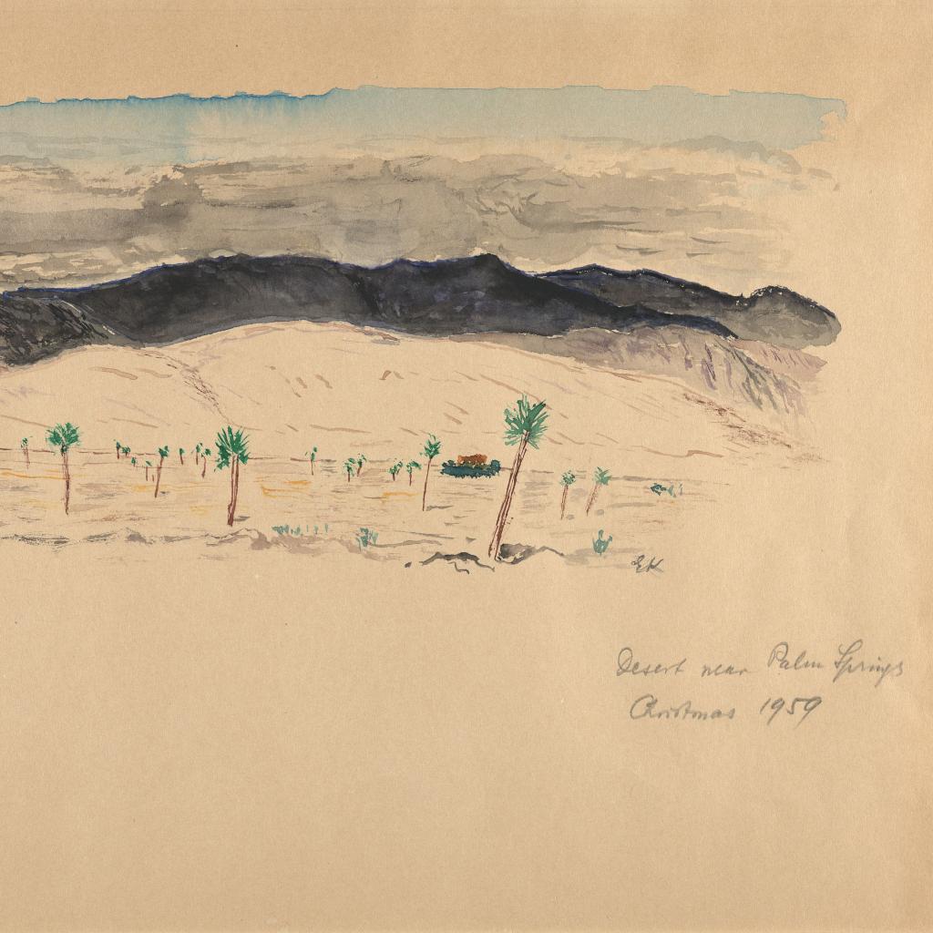 Aquarell von Ernst Krenek "Desert near Palm Springs Christmas 1959" aus dem Archiv des Ernst-Krenek-Instituts