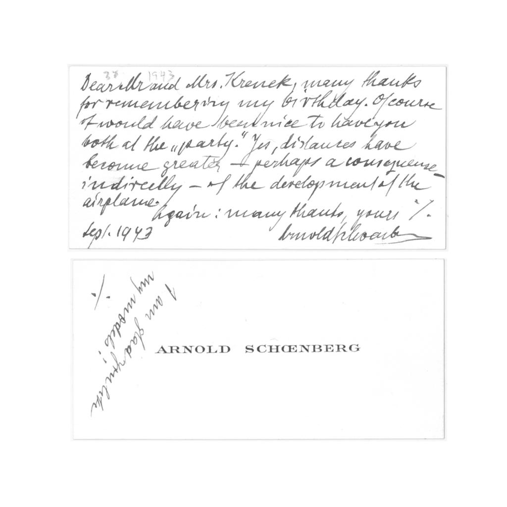Visitenkarte von Arnold Schönberg mit autographer Nachricht an Ernst und Gladys Krenek, September 1943