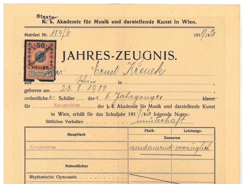 Zeugnis Ernst Krenek Staatsakademie für Musik und Darstellende Kunst Wien, 1920