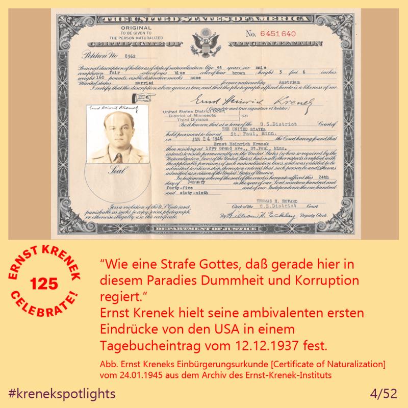 Krenek Spotlights Einbürgerungsurkunde USA 1945